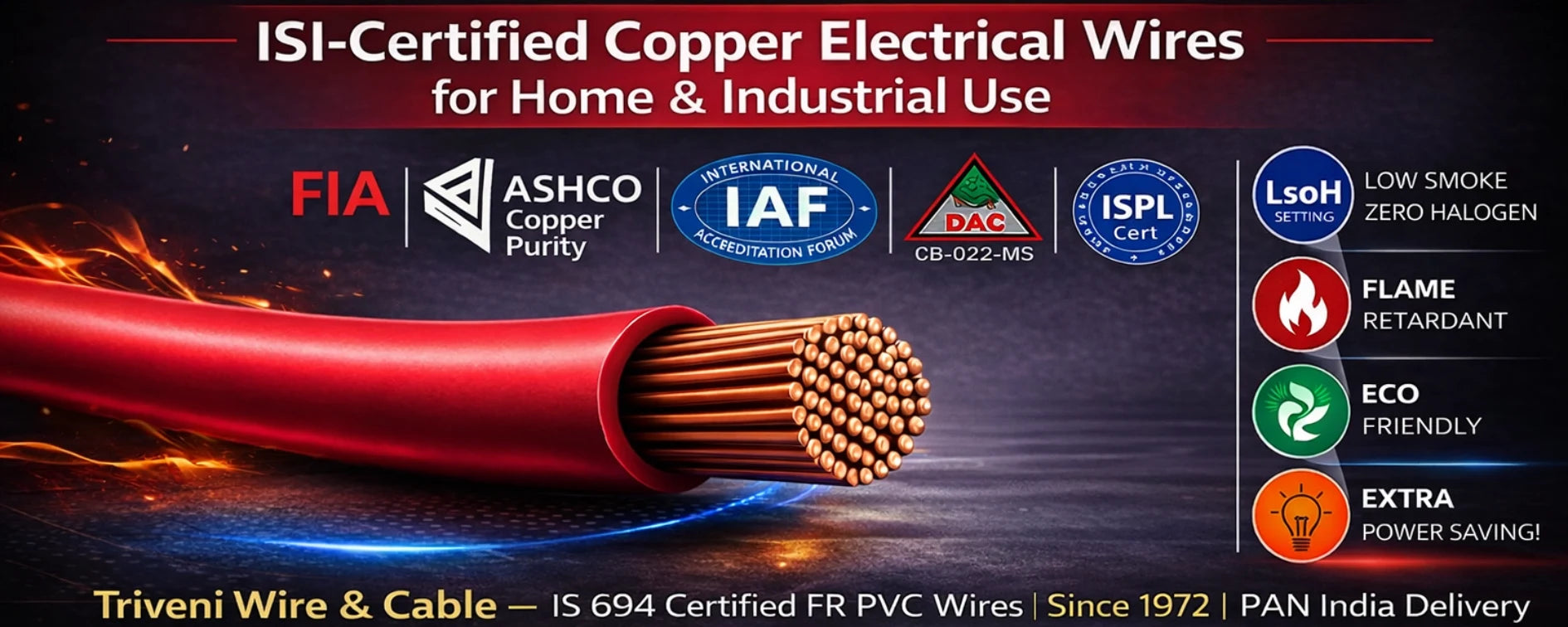 TWC ISI certified fire retardant FR PVC copper electrical wire – IS 694 compliant 1100V safe house wiring cable desktop Triveni Wire Cable India since 1972